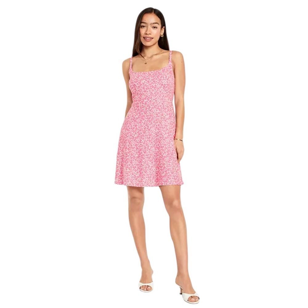 Old Navy Fit & Flare Cami Mini Dress Linen Blend Pink Ditsy Floral Womens XL